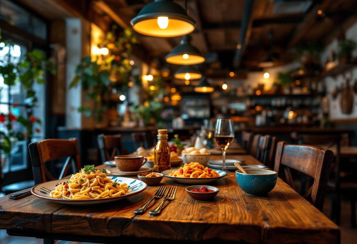 Interno di una trattoria con piatti tipici e atmosfera accogliente