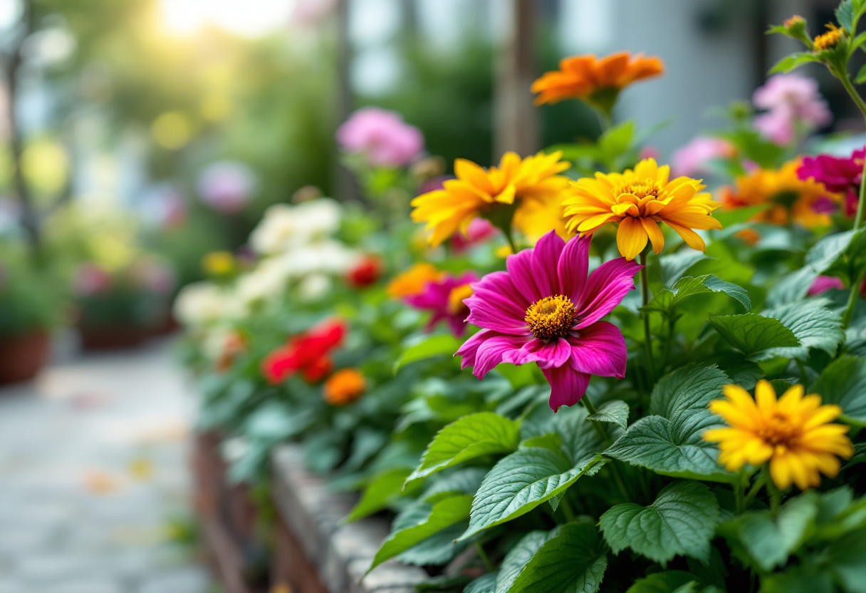 Angolo verde urbano con piante e fiori in città