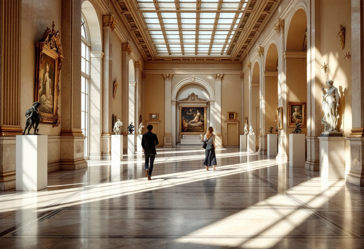 Interno del Louvre con opere d'arte famose