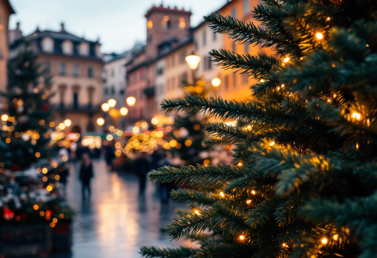 Panorama di una città italiana decorata per Natale