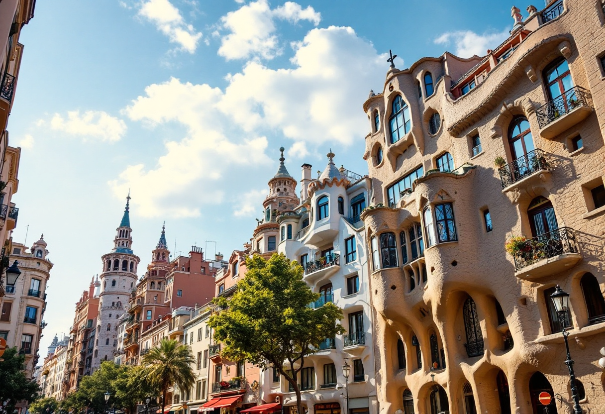 Vista panoramica di Barcellona con opere d'arte e architettura