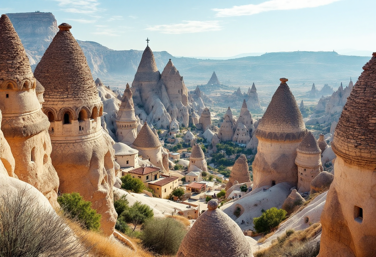 Vista panoramica dei camini delle fate in Cappadocia