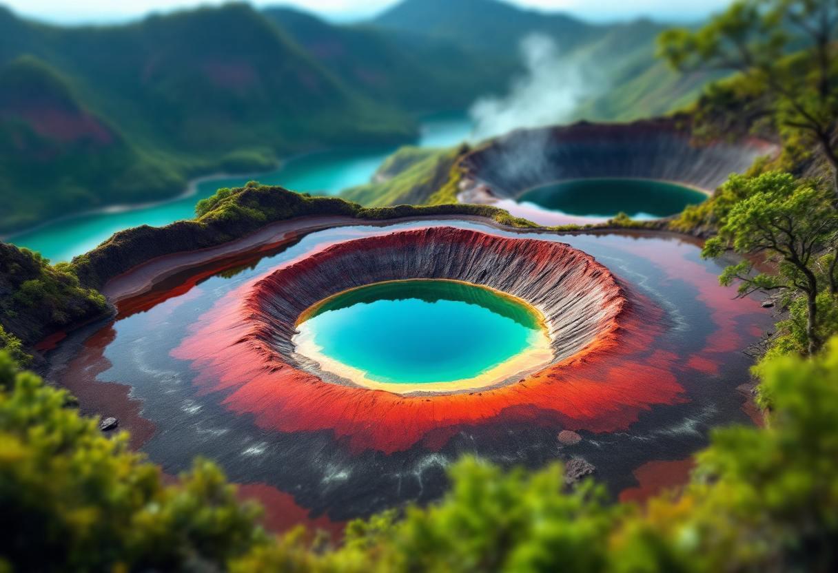 Vista panoramica dei laghi colorati di Kelimutu